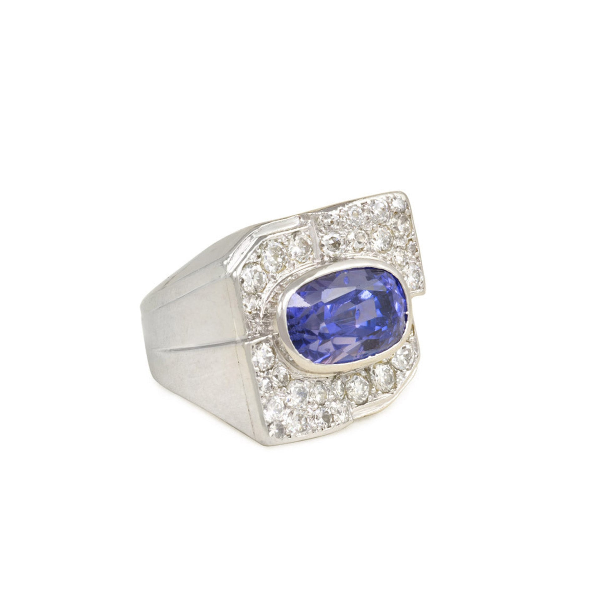 French Art Deco Platinum Sapphire & Diamond Ring side