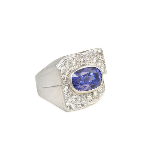 French Art Deco Platinum Sapphire & Diamond Ring side