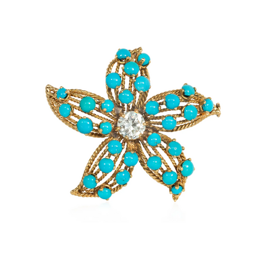 French 1950s 18KT Yellow Gold Turquoise & Diamond Flower Brooch front