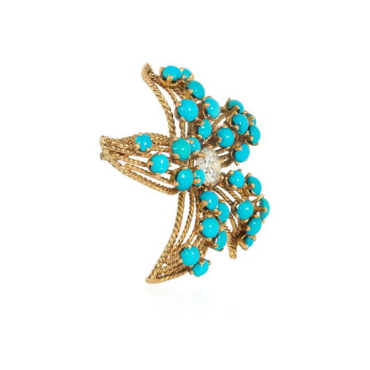 French 1950s 18KT Yellow Gold Turquoise & Diamond Flower Brooch side