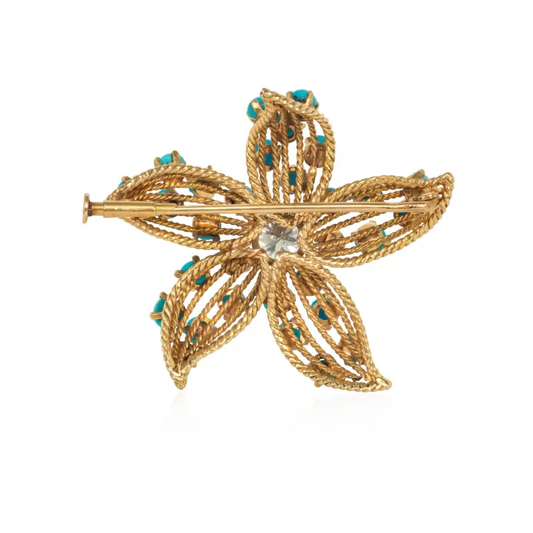 French 1950s 18KT Yellow Gold Turquoise & Diamond Flower Brooch back