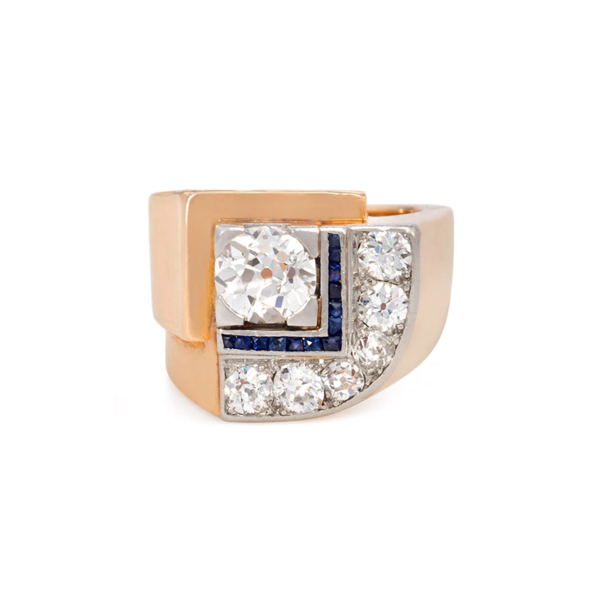 French Art Deco Platinum & 18KT Yellow Gold Diamond & Sapphire Ring front