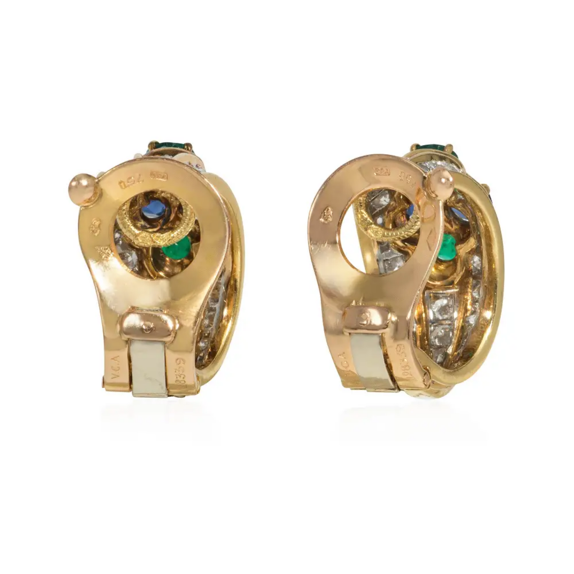 Van Cleef & Arpels France 1980s Platinum & 18KT Yellow Gold Diamond, Emerald & Sapphire Earrings back