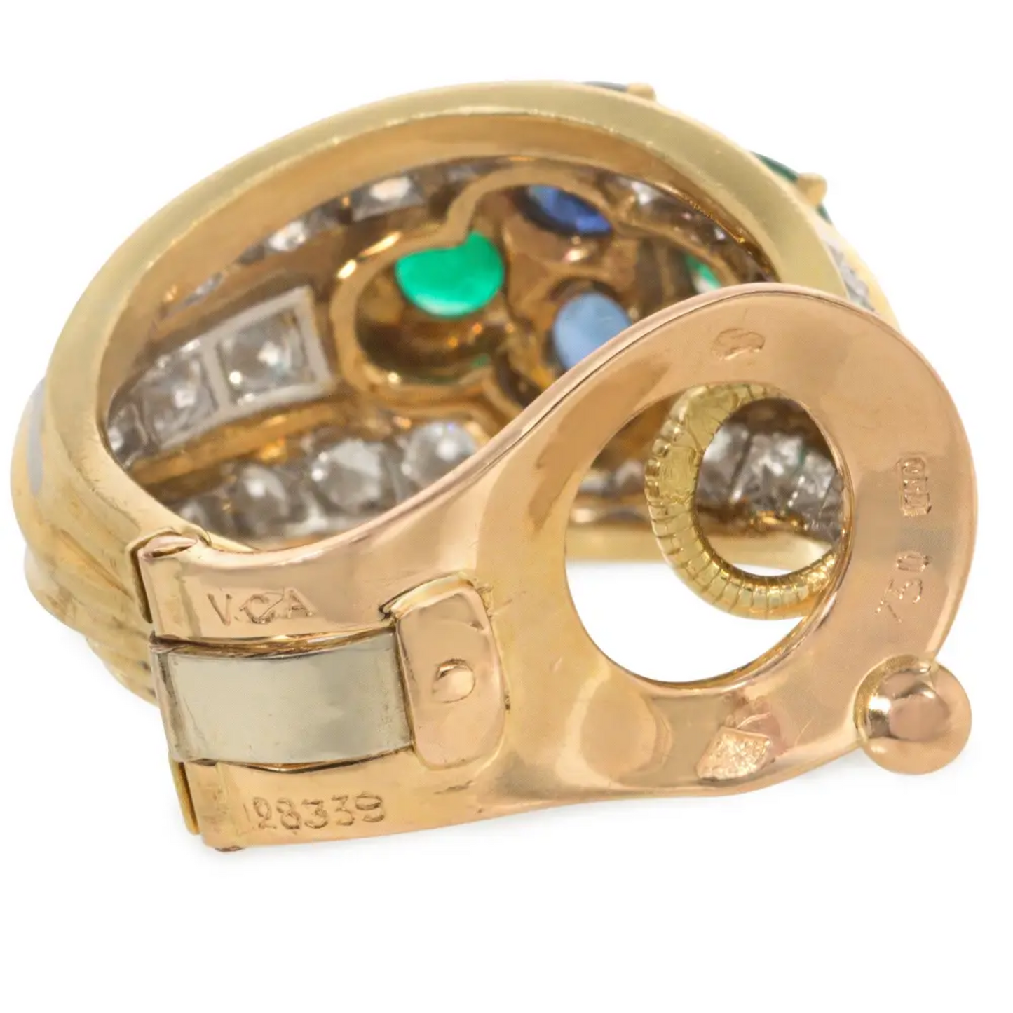 Van Cleef & Arpels France 1980s Platinum & 18KT Yellow Gold Diamond, Emerald & Sapphire Earrings signature