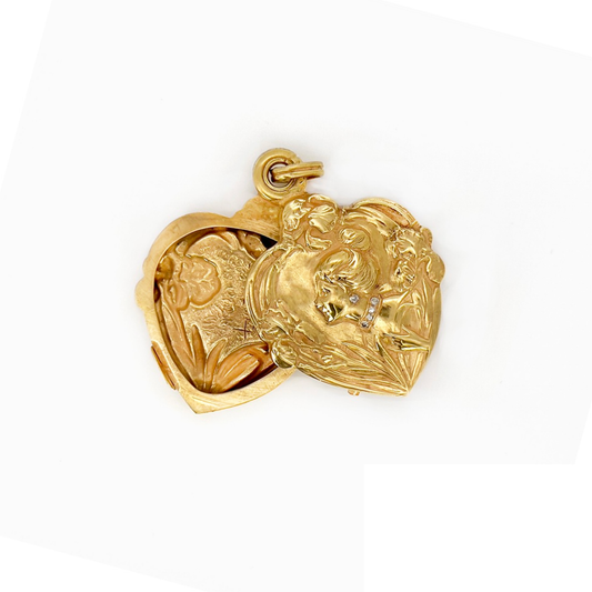 Art Nouveau 14KT Yellow Gold Diamond Heart Locket front