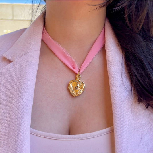 Art Nouveau 14KT Yellow Gold Diamond Heart Locket on neck