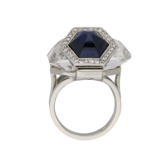 Seaman Schepps 1940s Platinum & 18KT White Gold Rock Crystal, Diamond & Sapphire Ring profile
