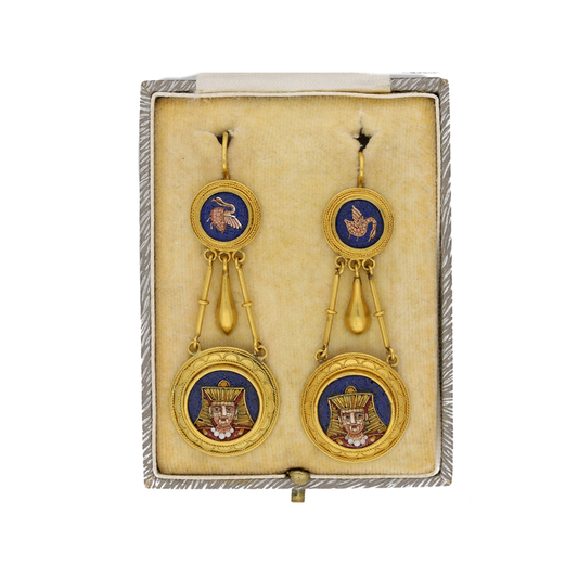 French Egyptian Revival 15KT Yellow Gold Micromosaic Earrings in box