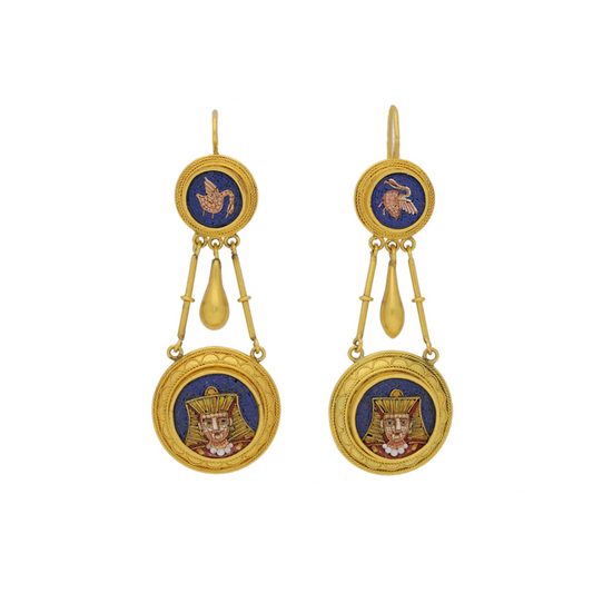 French Egyptian Revival 15KT Yellow Gold Micromosaic Earrings front