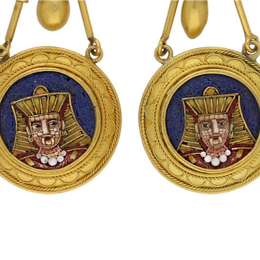 French Egyptian Revival 15KT Yellow Gold Micromosaic Earrings close-up details