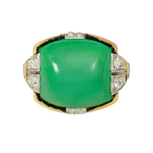 Jean Despres France Art Deco Platinum & 18KT Yellow Gold Jade, Diamond & Enamel Ring front