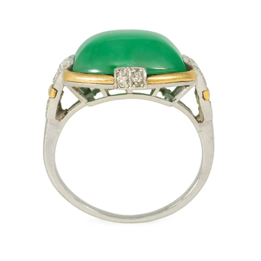 Jean Despres France Art Deco Platinum & 18KT Yellow Gold Jade, Diamond & Enamel Ring profile