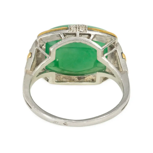 Jean Despres France Art Deco Platinum & 18KT Yellow Gold Jade, Diamond & Enamel Ring back