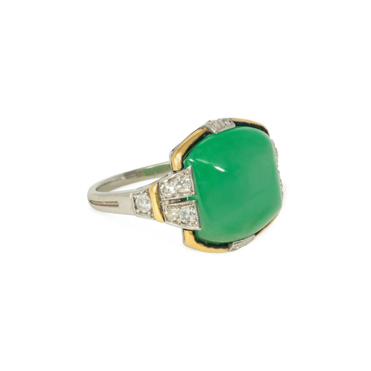 Jean Despres France Art Deco Platinum & 18KT Yellow Gold Jade, Diamond & Enamel Ring side