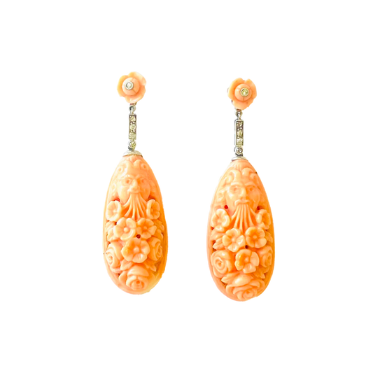 Art Deco Platinum & 18KT White Gold Carved Coral & Diamond Earrings front