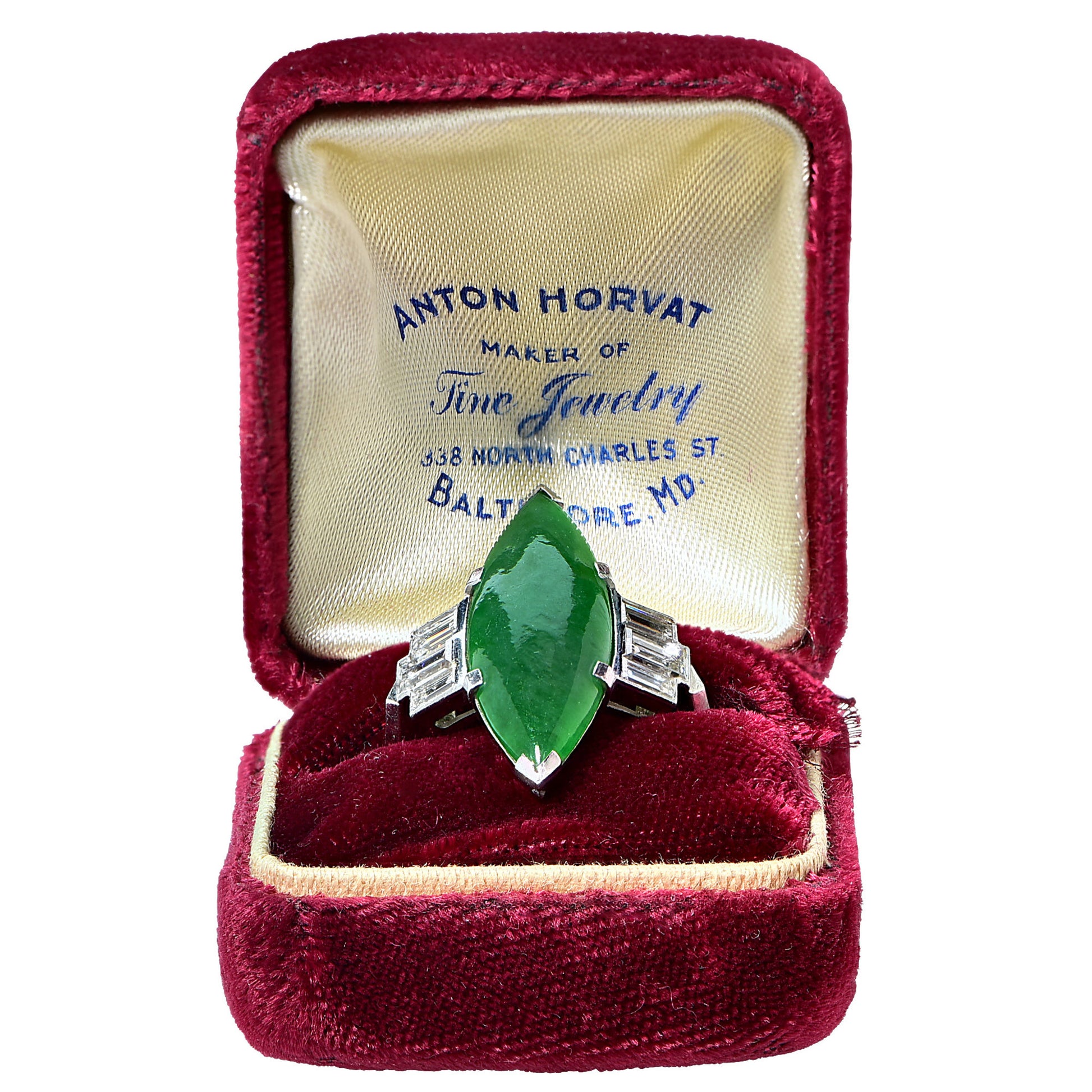 1950s Platinum Jade & Diamond Ring in box
