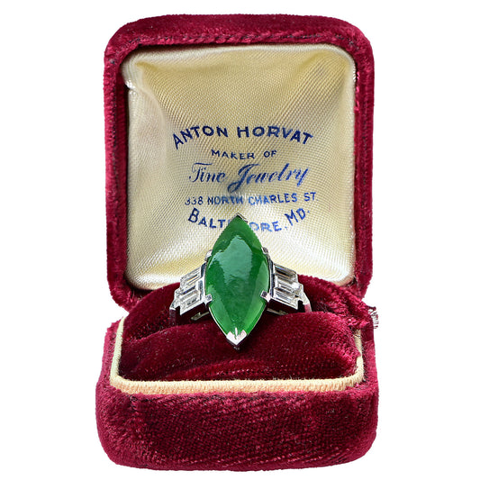 1950s Platinum Jade & Diamond Ring in box