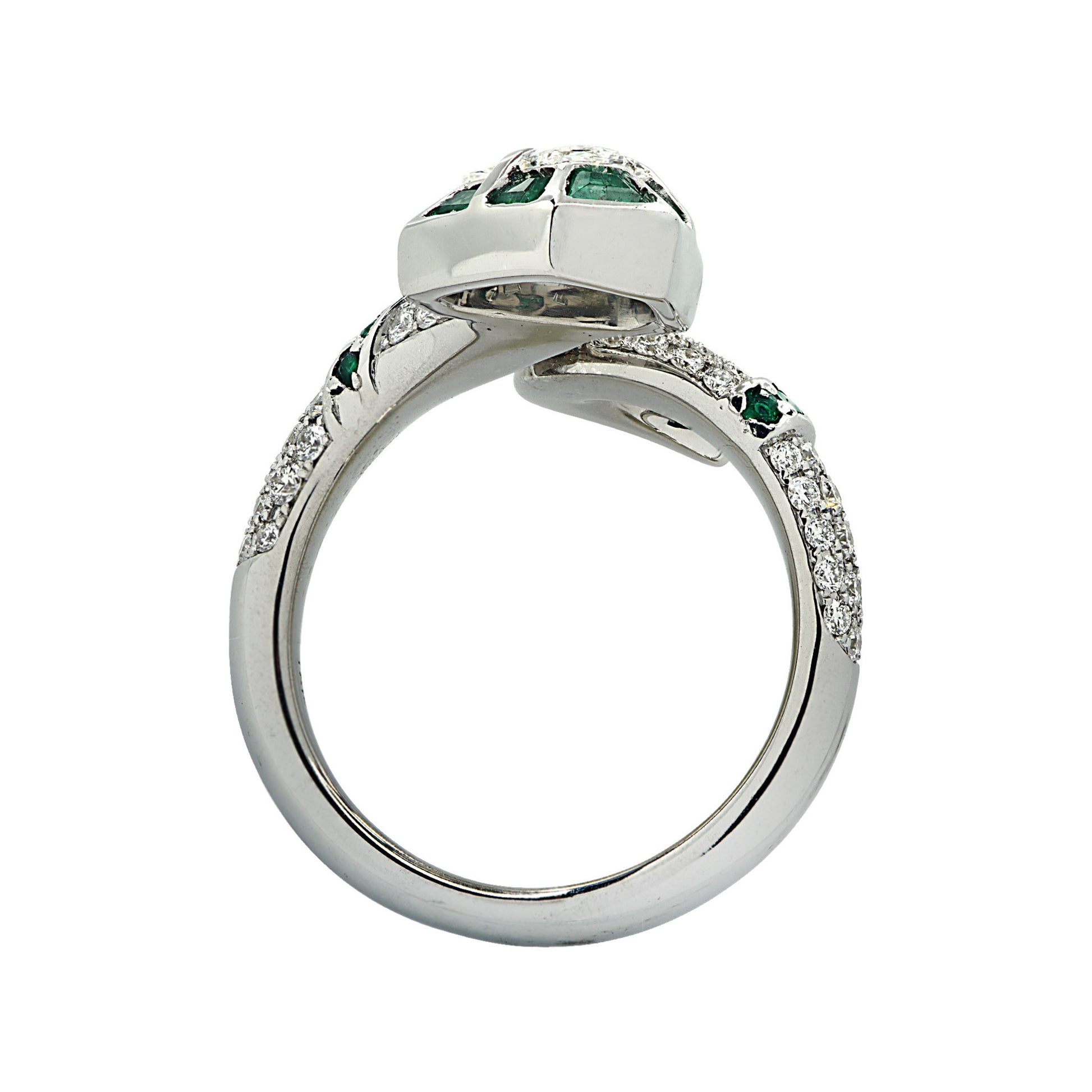 Contemporary 18KT White Gold Diamond & Emerald Snake Ring profile