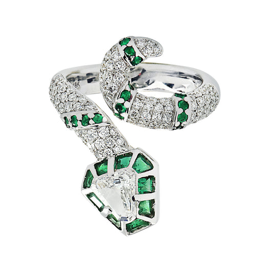 Contemporary 18KT White Gold Diamond & Emerald Snake Ring front