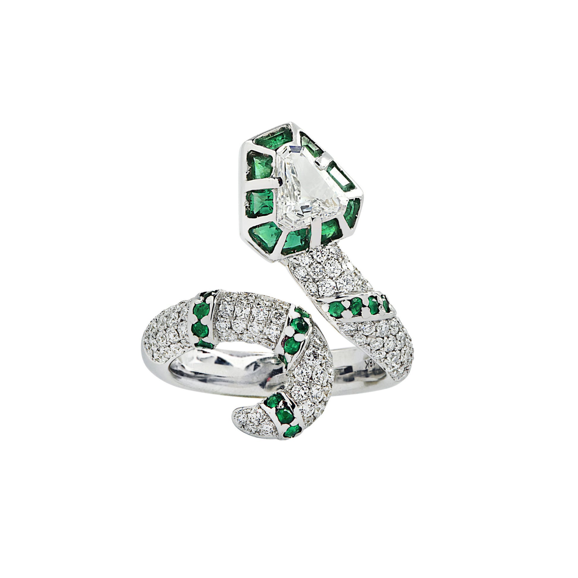 Contemporary 18KT White Gold Diamond & Emerald Snake Ring front