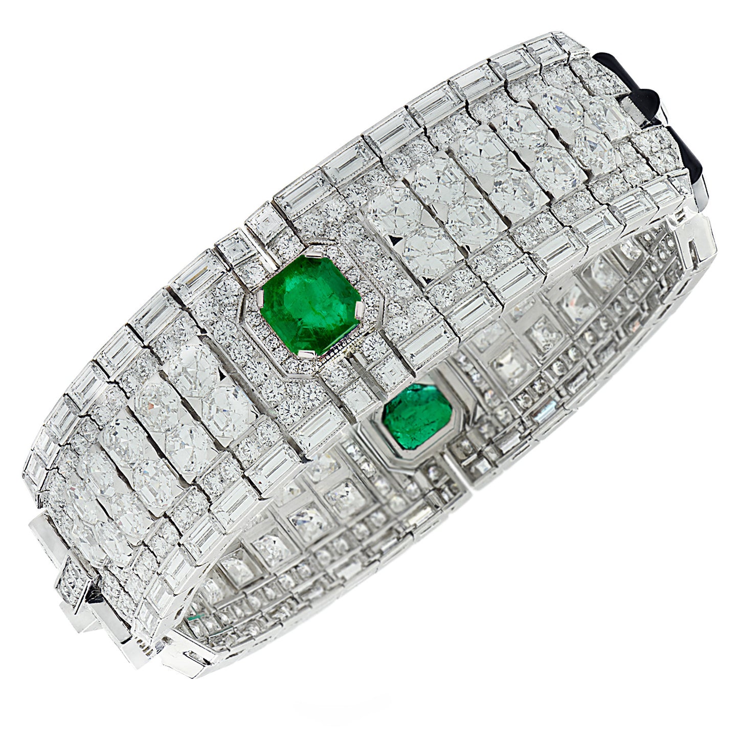 Contemporary Platinum Diamond, Emerald & Onyx Bracelet front