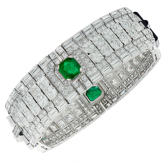 Contemporary Platinum Diamond, Emerald & Onyx Bracelet front