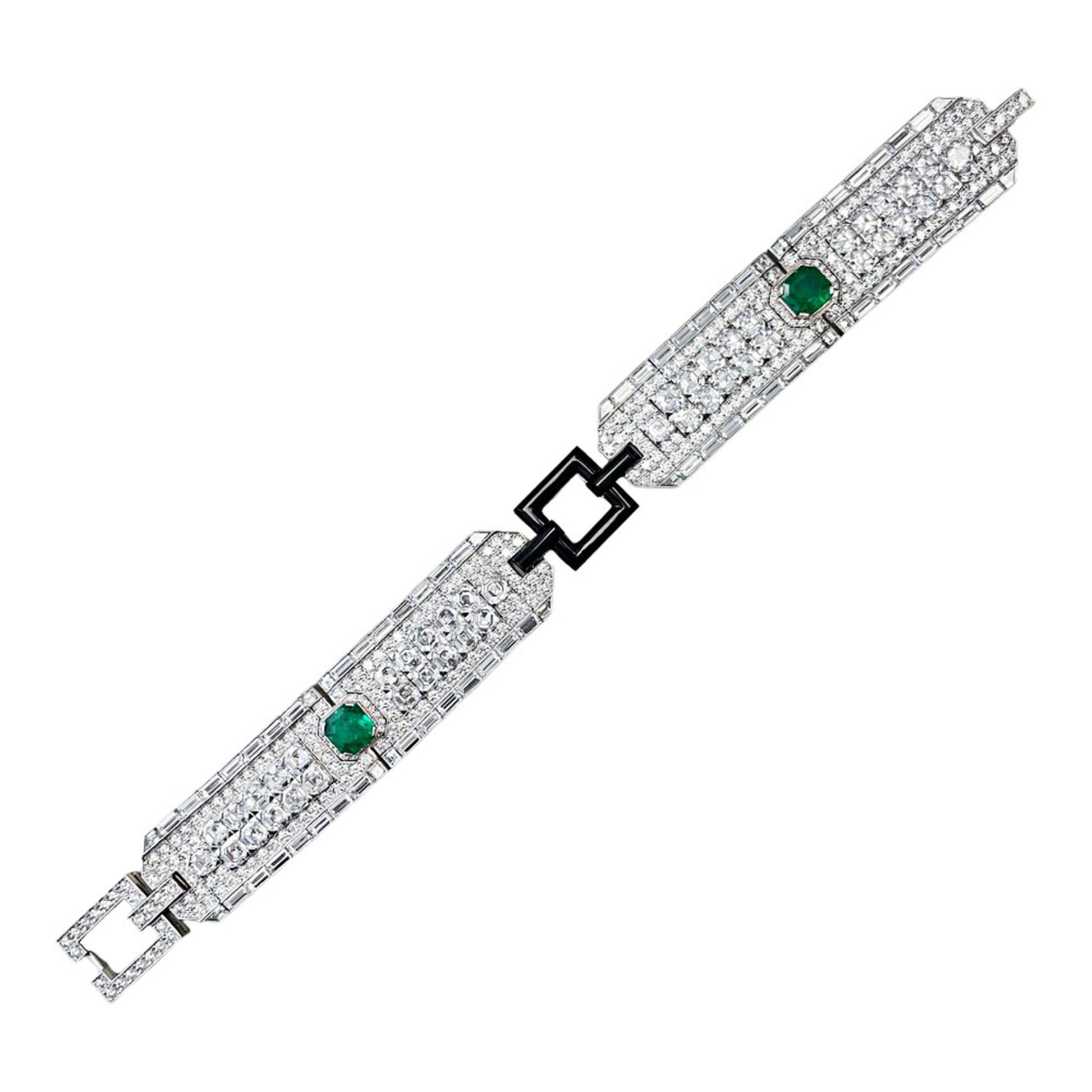 Contemporary Platinum Diamond, Emerald & Onyx Bracelet front