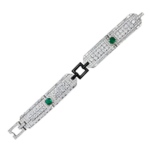 Contemporary Platinum Diamond, Emerald & Onyx Bracelet front