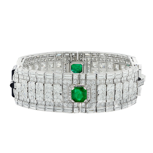 Contemporary Platinum Diamond, Emerald & Onyx Bracelet front