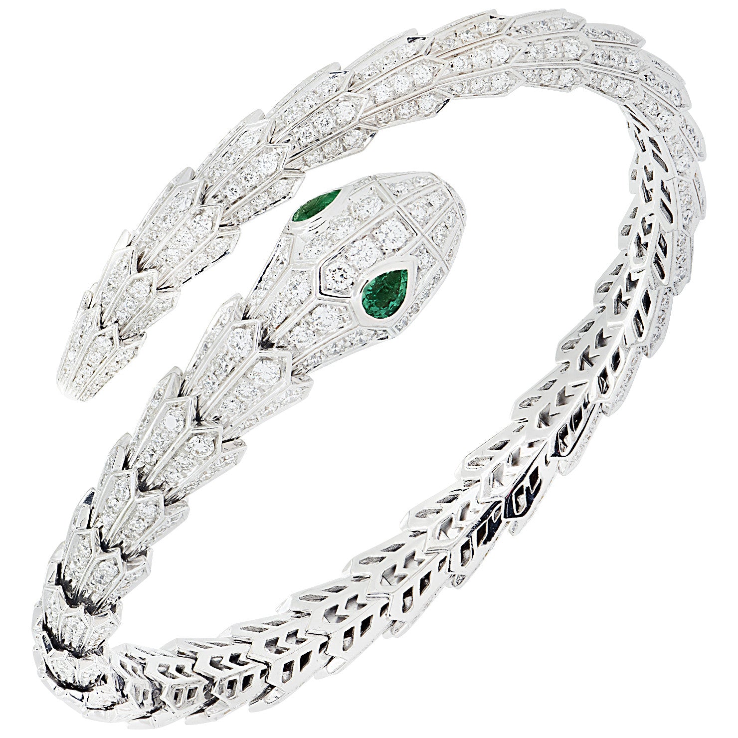 Bulgari Post-1980s 18KT White Gold Diamond & Emerald Serpenti Bracelet front
