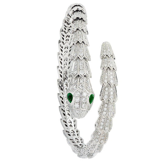Bulgari Post-1980s 18KT White Gold Diamond & Emerald Serpenti Bracelet front