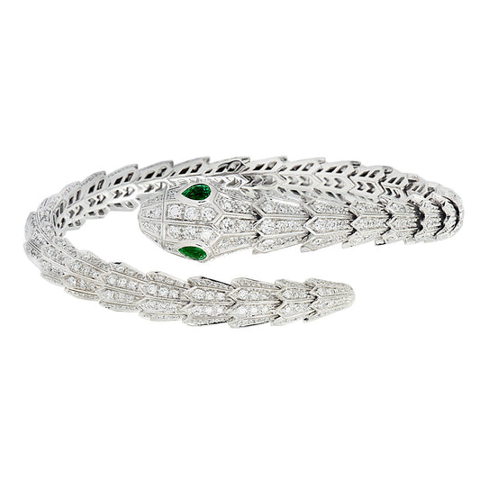 Bulgari Post-1980s 18KT White Gold Diamond & Emerald Serpenti Bracelet front