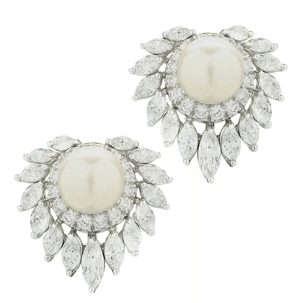 Post-1980s Platinum Cultured Pearl & Diamond Earrings front