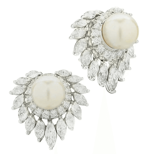 Post-1980s Platinum Cultured Pearl & Diamond Earrings front