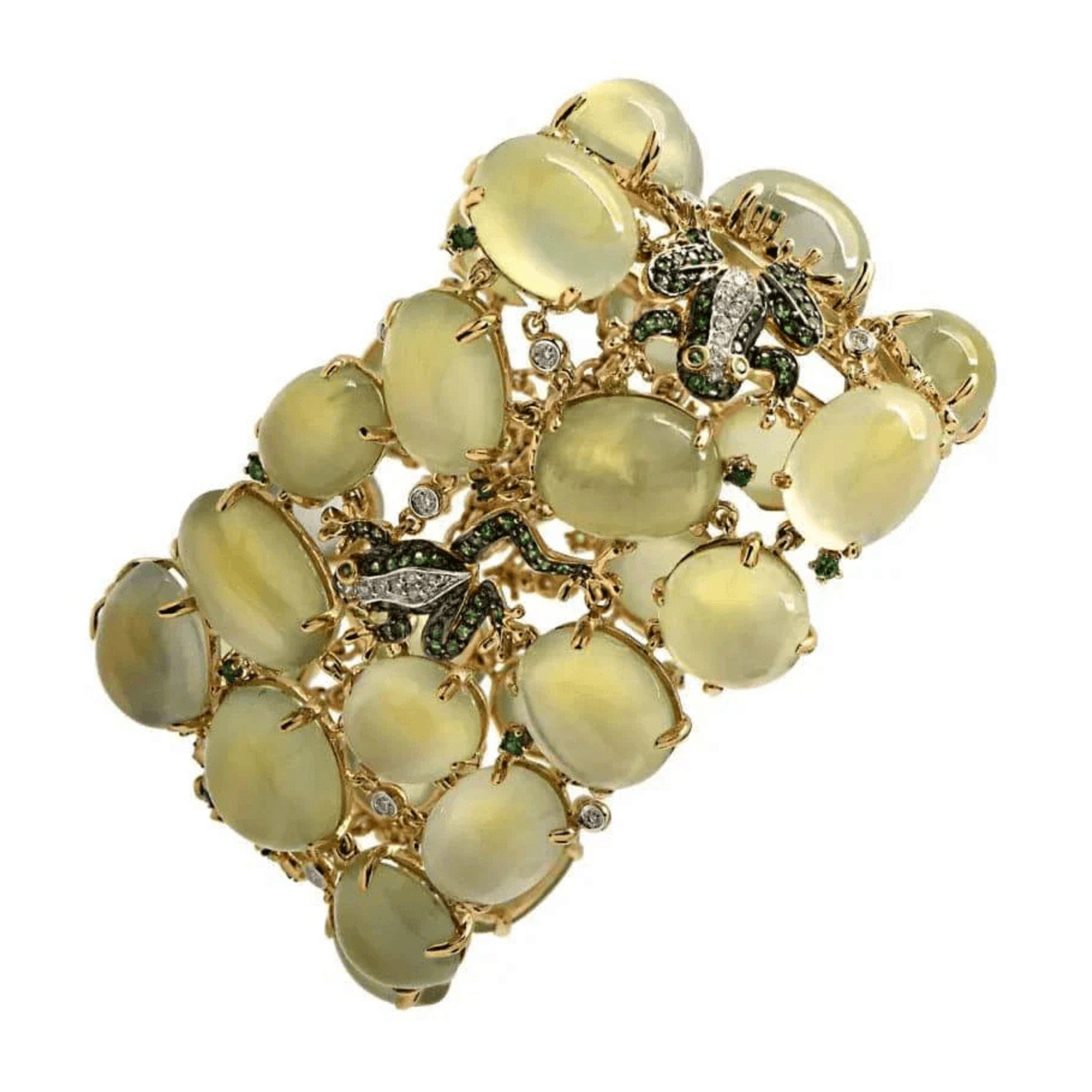 1980s 18KT Yellow Gold Moonstone, Diamond & Tsavorite Frog Bracelet front