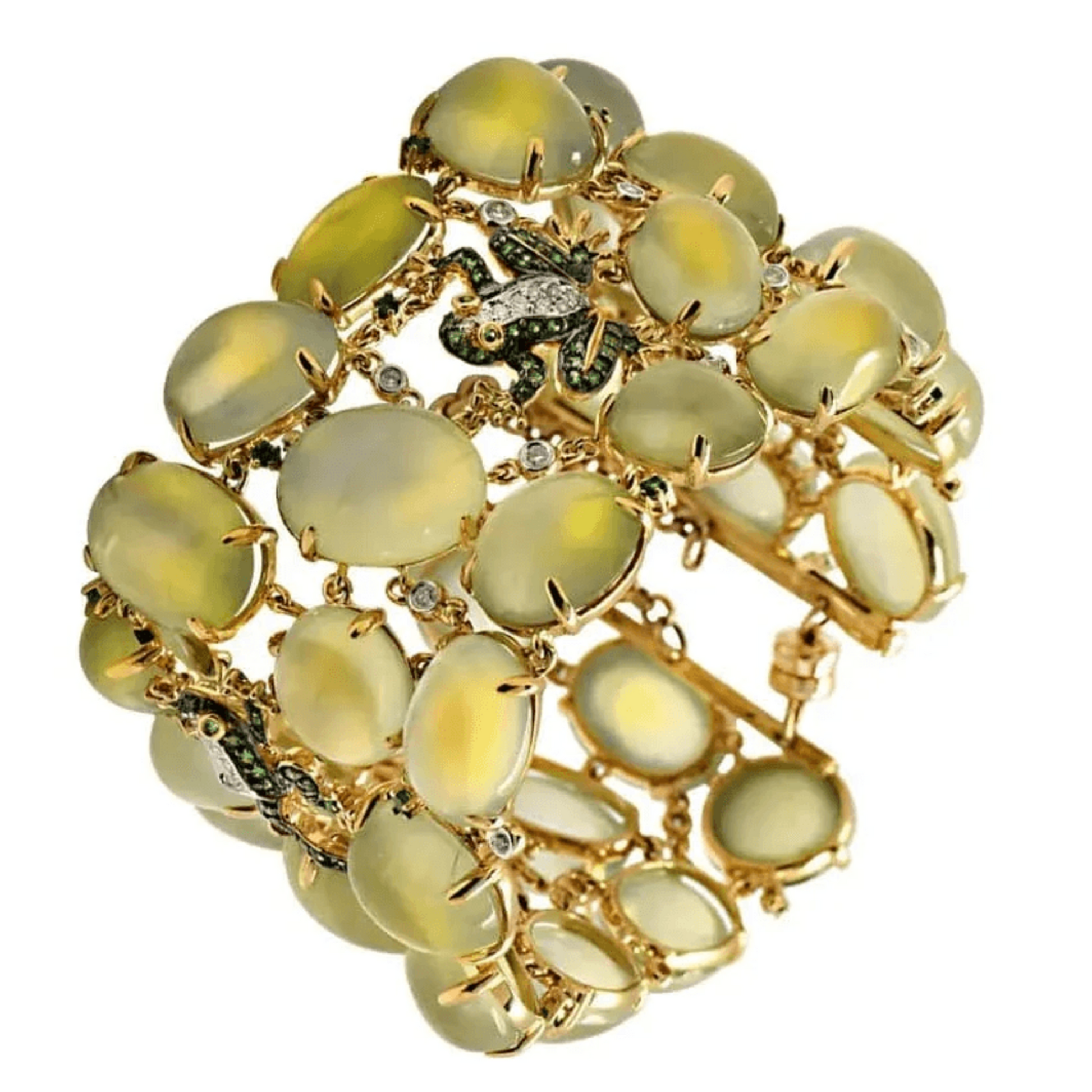 1980s 18KT Yellow Gold Moonstone, Diamond & Tsavorite Frog Bracelet front