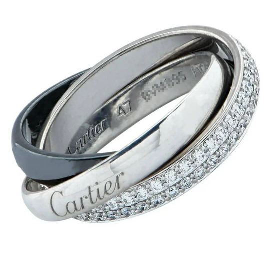 Cartier Post-1980s 18KT White Gold Diamond & Ceramic Trinity Ring signature