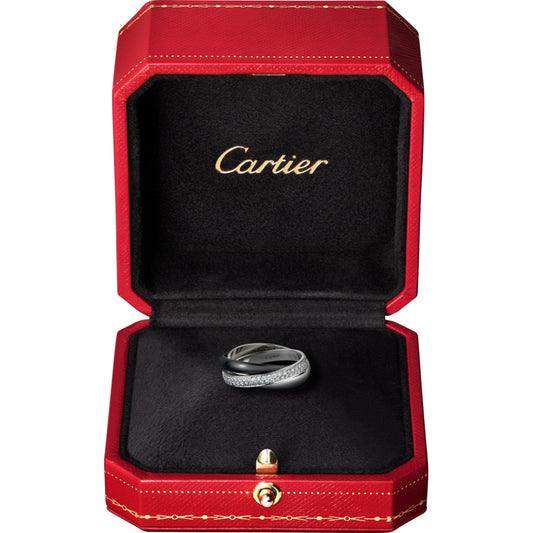 Cartier Post-1980s 18KT White Gold Diamond & Ceramic Trinity Ring in box