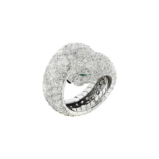 Cartier 1980s 18KT White Gold Diamond & Emerald Panther Ring front