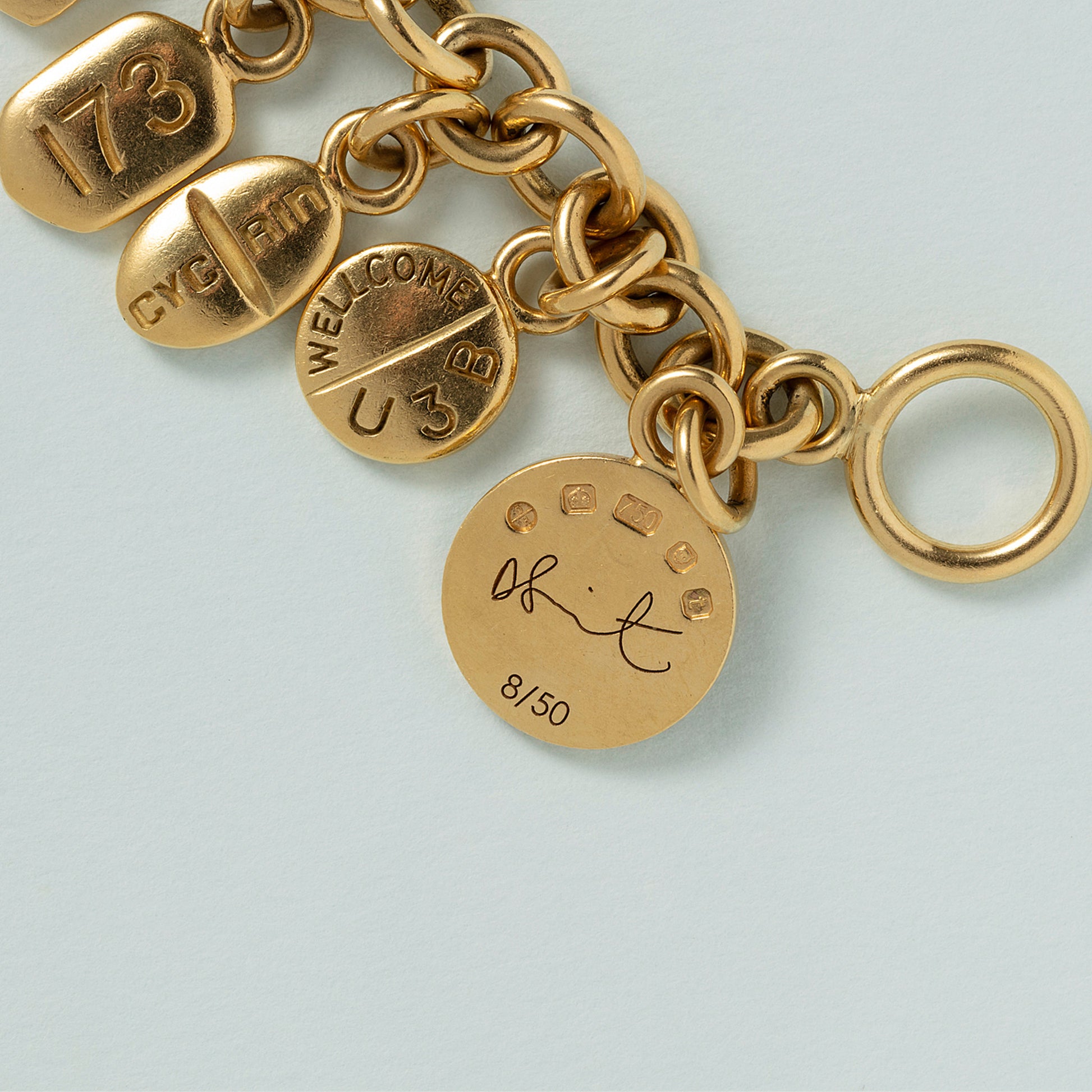 Damien Hirst English Post-1980s 18KT Yellow Gold Diamond Charm Bracelet signature