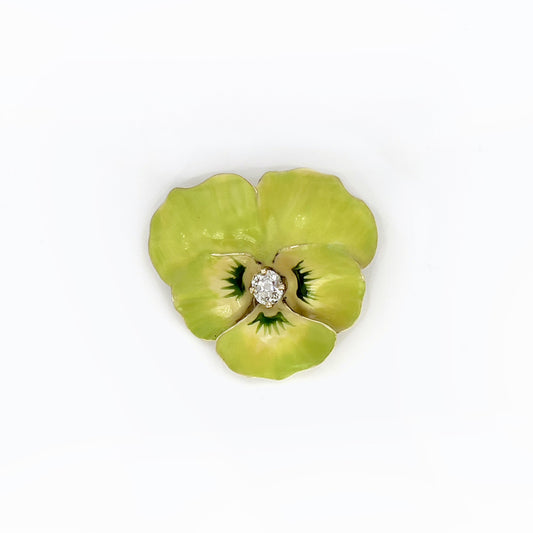 Victorian 14KT Yellow Gold Enamel & Diamond Pansy Brooch front
