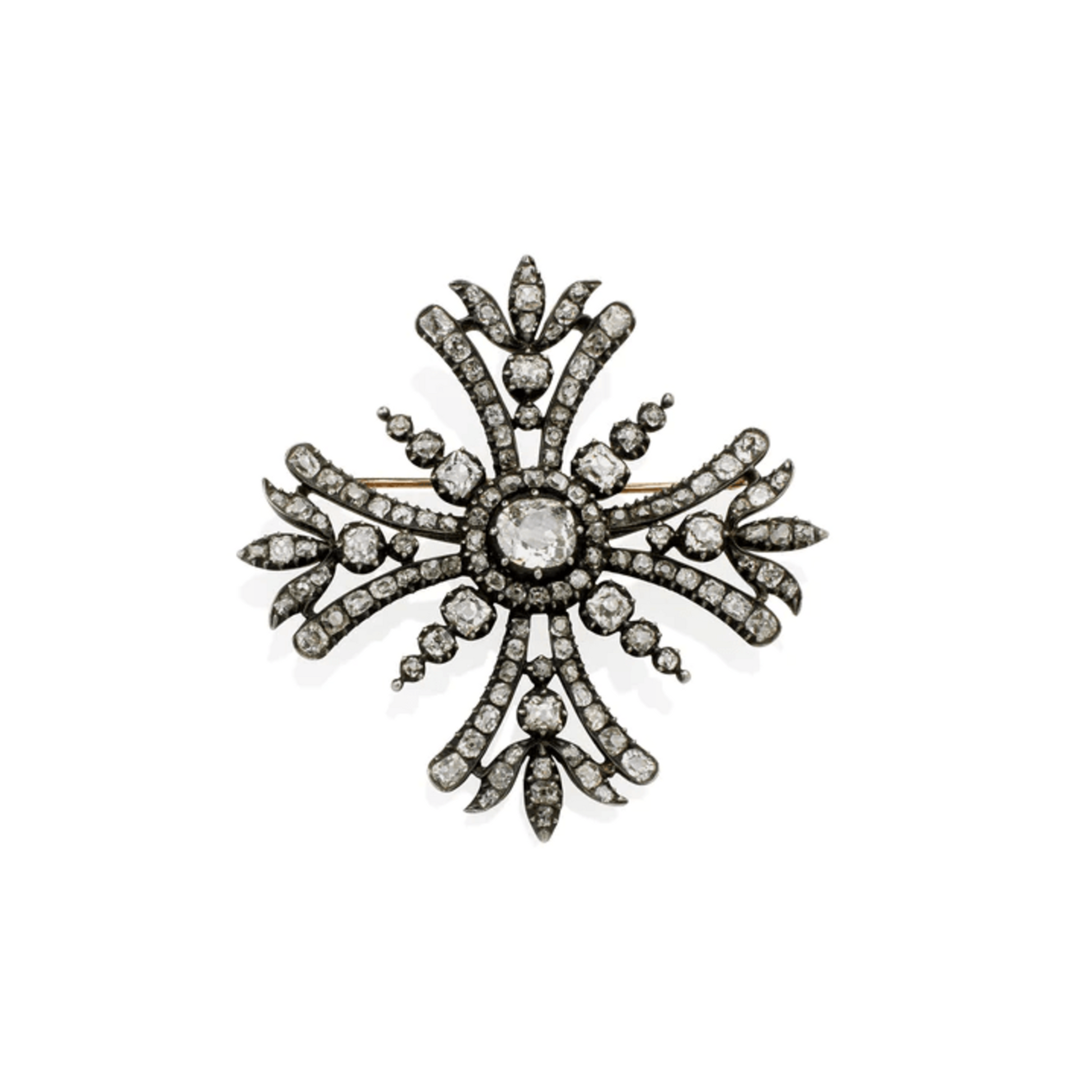 Victorian Silver & 14KT Yellow Gold Diamond Maltese Cross Brooch front