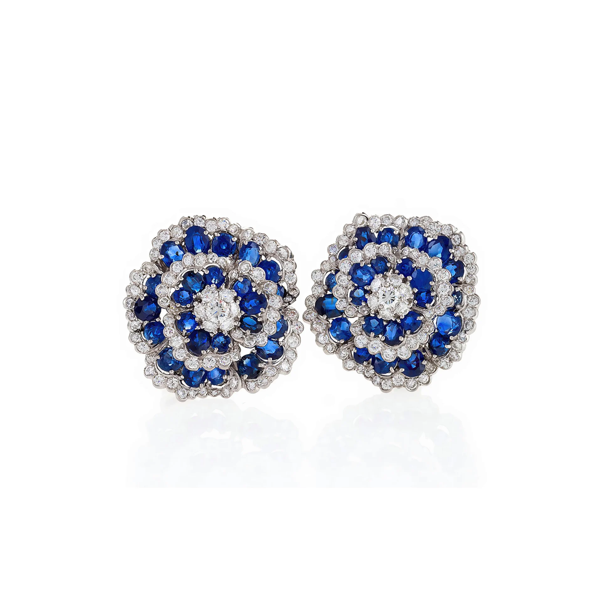 Van Cleef & Arpels 1960s Platinum Diamond & Sapphire Camellia Earrings front
