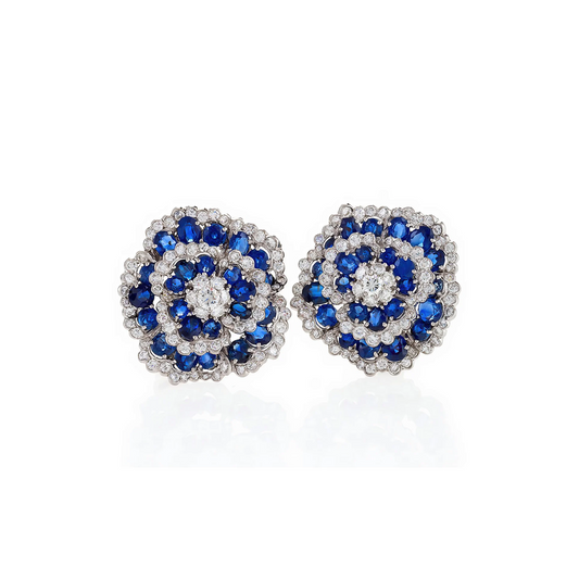 Van Cleef & Arpels 1960s Platinum Diamond & Sapphire Camellia Earrings front