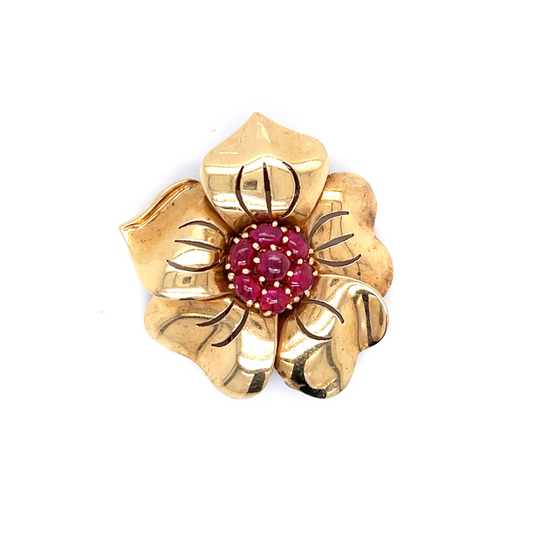 Trabert & Hoeffer Mauboussin Retro 14KT Yellow Gold Ruby Flower Brooch front