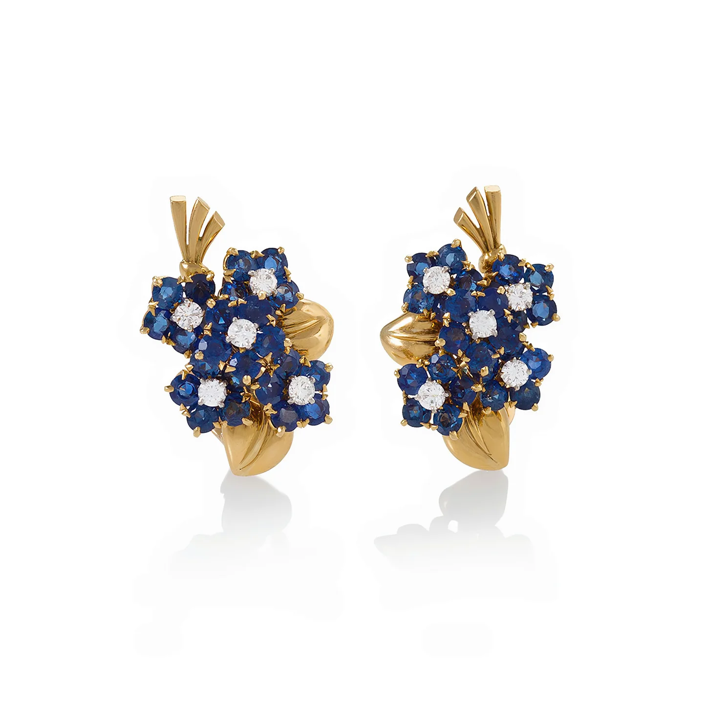 Van Cleef & Arpels Paris 1940s 18KT Yellow Gold Sapphire & Diamond Flower Earrings front