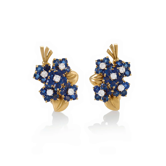 Van Cleef & Arpels Paris 1940s 18KT Yellow Gold Sapphire & Diamond Flower Earrings front