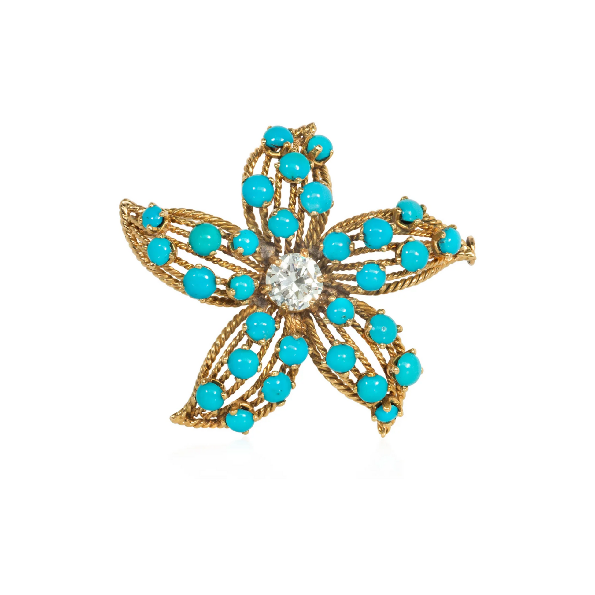 French 1950s 18KT Yellow Gold Turquoise & Diamond Flower Brooch front