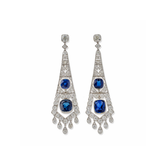 French Art Deco Platinum Sapphire & Diamond Earrings front