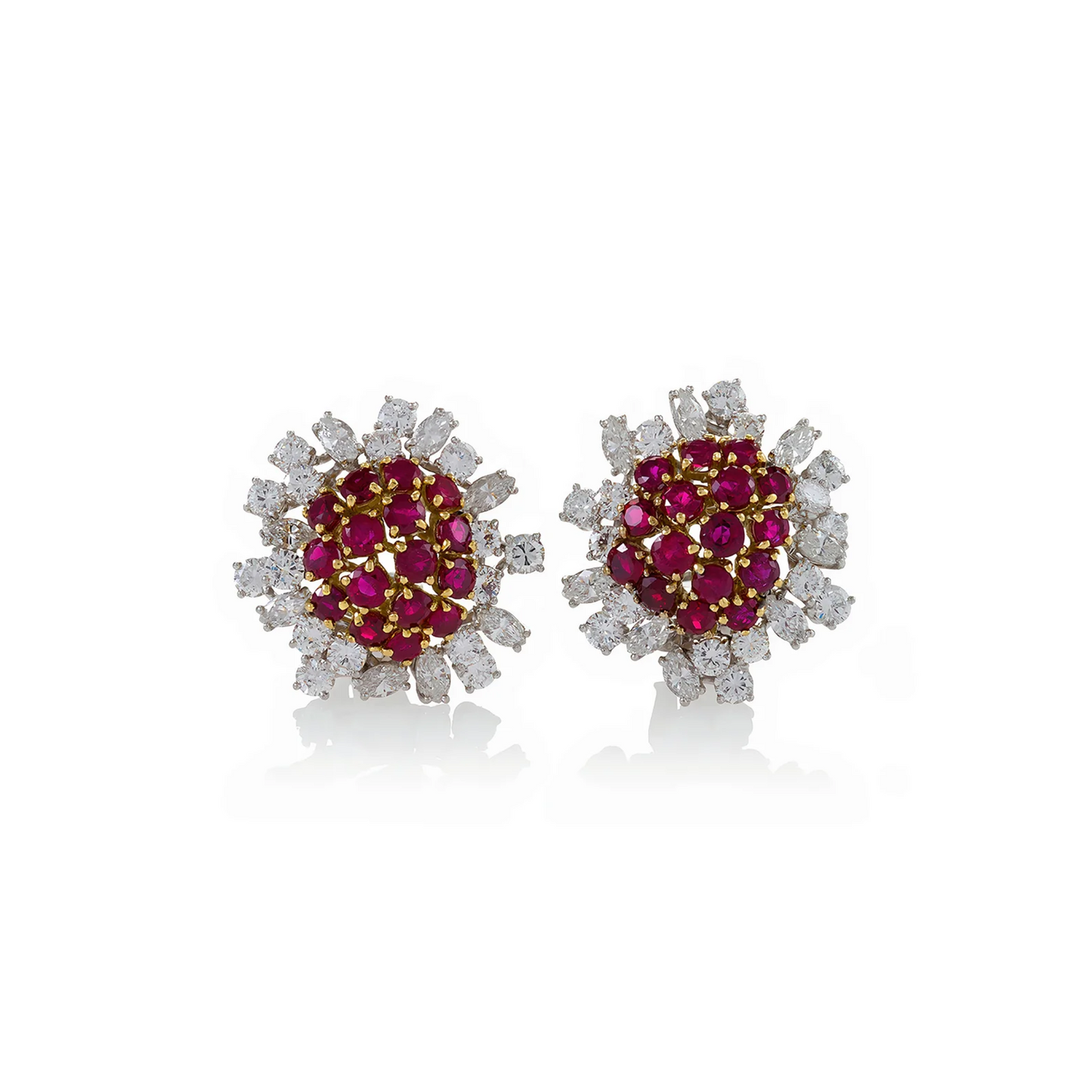 Boucheron Paris 1960s Platinum & 18KT Yellow Gold Ruby & Diamond Earrings front